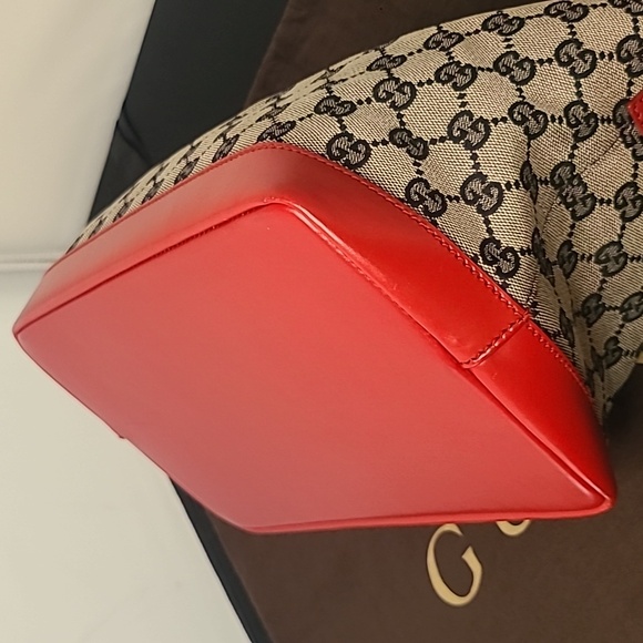 GUCCI VINTAGE ULTRA RARE 1990’S GG CANVAS THREE WAY CONVERTIBLE BAG NAVY/RED/TAN - Picture 13 of 17